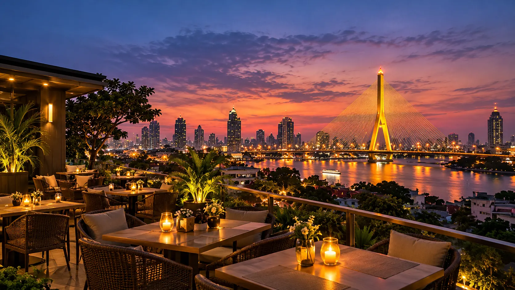 ระเบียงดินเนอร์ชมสะพานพระราม 8 ยามเย็น